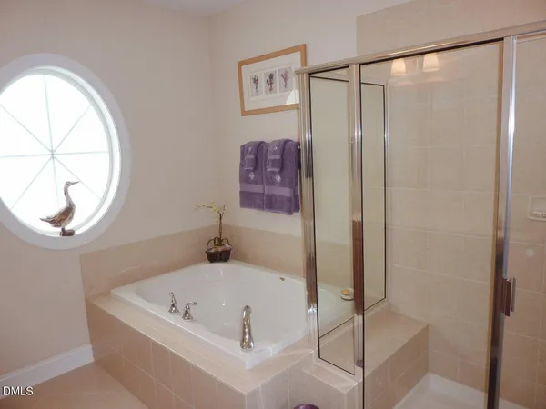 a bathroom with a tub a mirror and a shower