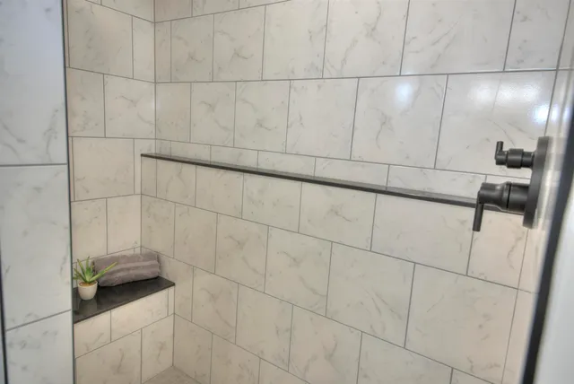 a bathroom with a sink and a shower