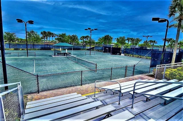 an outdoor space with seating