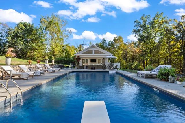 a view of swimming pool with seating area and trees in the background