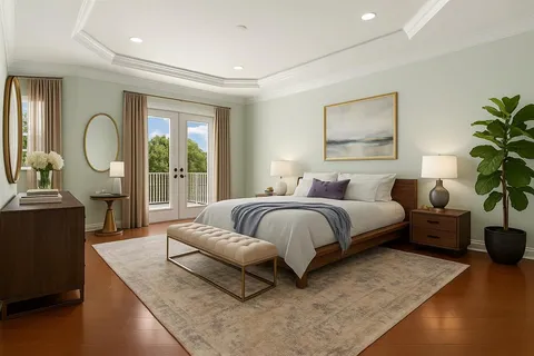 a bedroom with a large bed and a couch