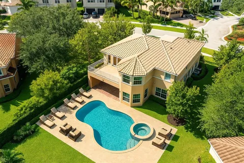 a view of a swimming pool with an ocean view