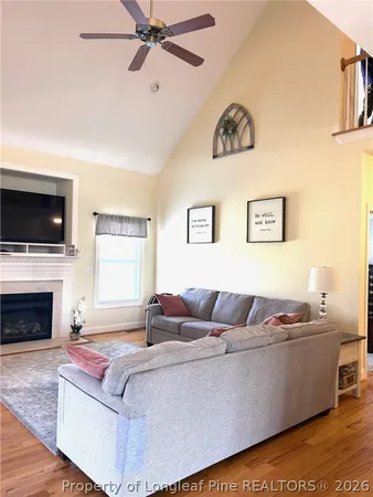 a living room with a fireplace and a potted plant