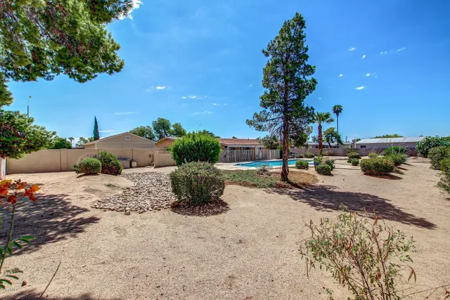 a view of a swimming pool and lounge chairs