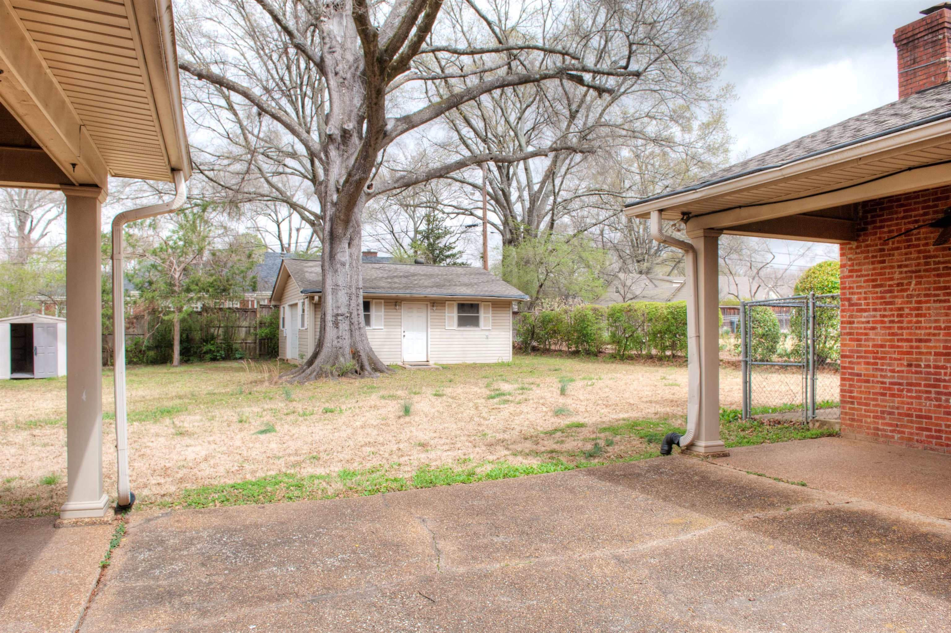 5270 Cole Road Memphis, TN 38120 - Photo 17 of 20 Enjoy Outdoor Living in Generously Sized Fenced Yd Featuring Multiple Covered Patios, Mature Shade Trees, & Plenty of Room to Roam. A Wired Workshop With Garage Door Offers Endless Possibilities for Hobbies/Storage, PLUS There's a Storage Bldg!