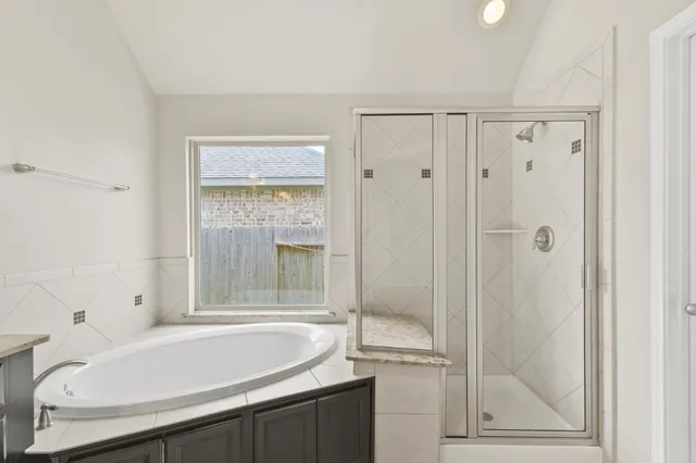 a bathroom with a granite countertop sink a large mirror and a bathtub