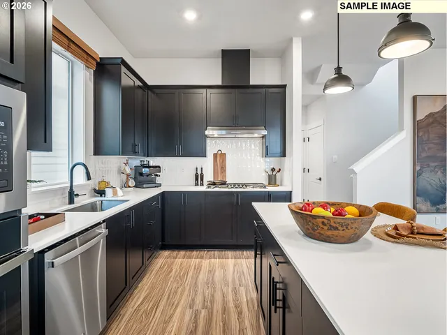 a kitchen with stainless steel appliances a sink dishwasher and a stove with wooden floor