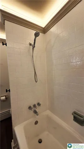 a bathroom with a bath tub with a shower
