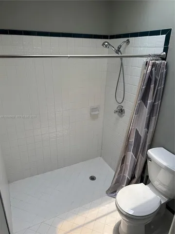 a bathroom with a shower and a toilet
