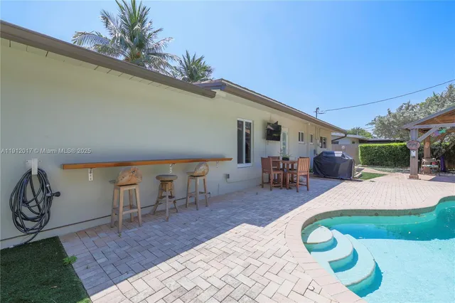 a view of a swimming pool with a yard