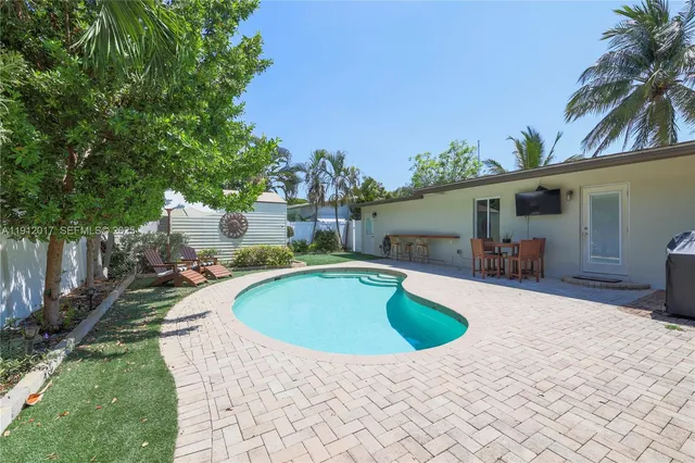 a view of a swimming pool with a yard