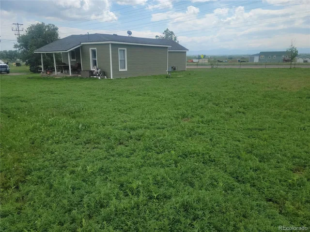 a view of a yard in front of a house with a large tree
