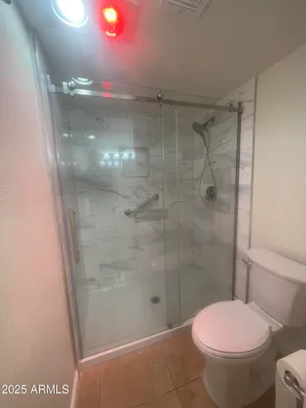 a bathroom with a shower and a toilet
