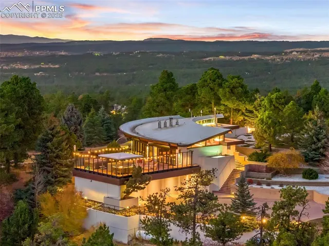 a view of a swimming pool with a mountain
