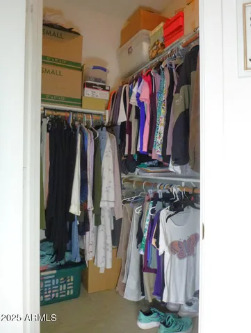 a view of walk in closet with clothes