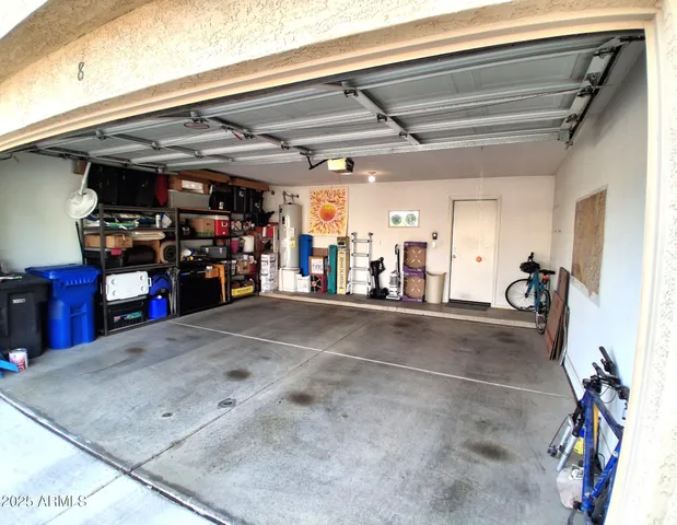 a view of a garage with storage
