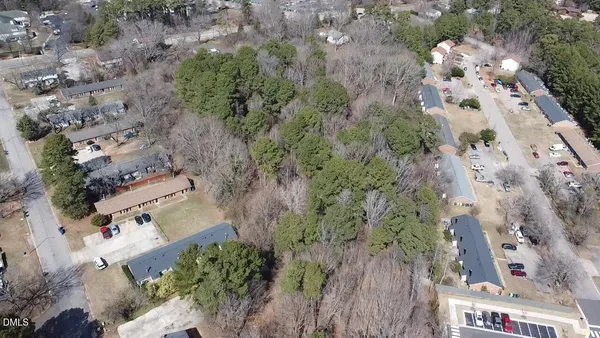 a view of a dry yard with trees and bushes