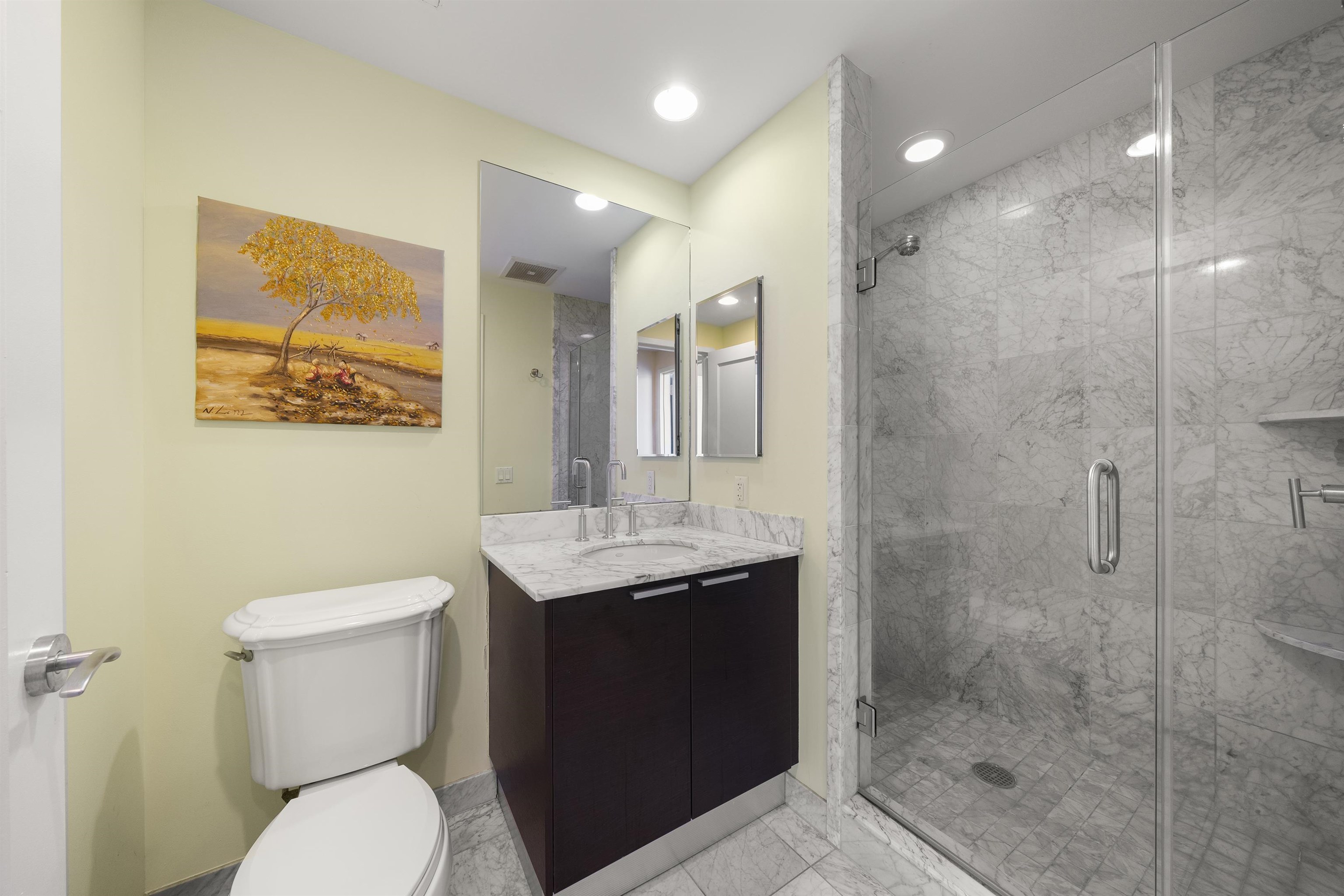 8100 River Road, Unit 1011 North Bergen, NJ 07047 - Photo 21 of 35 a bathroom with a granite countertop sink toilet and shower