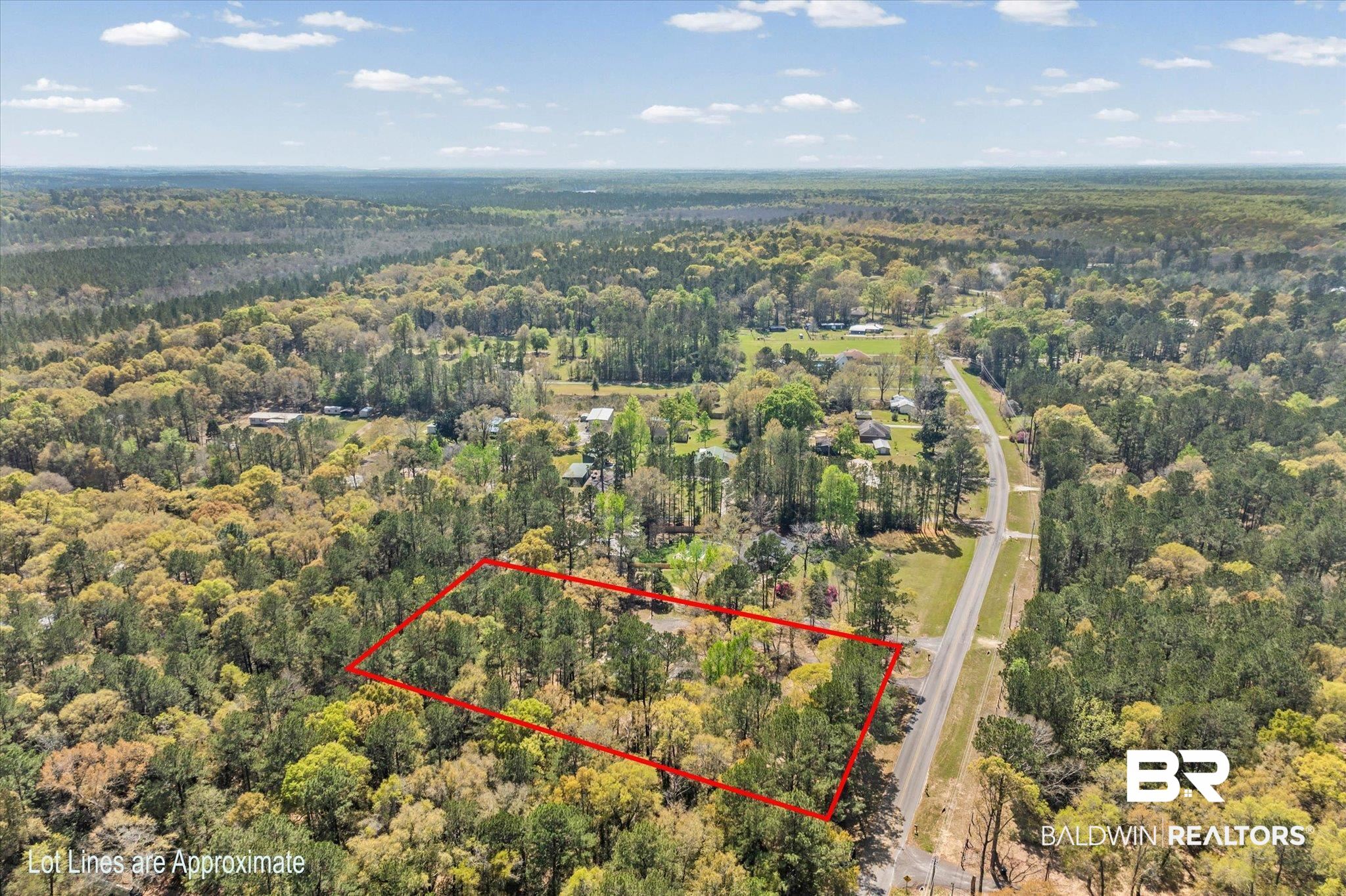 9770 Lakeview Road Bay Minette, AL 36507 - Photo 36 of 44 Aerial view of property and surrounding area featuring a forest and property parcel outlined