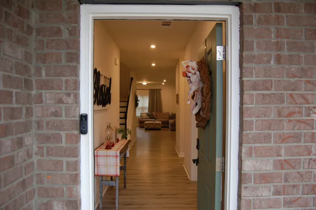 a bathroom with a glass door shower