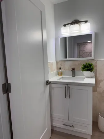 a bathroom with a sink and a mirror