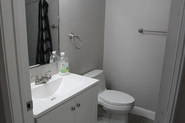 a bathroom with a sink a toilet and mirror