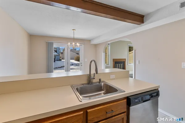 a kitchen with a sink and a potted plant
