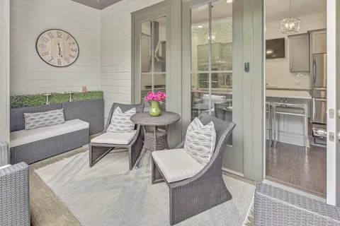 a view of a dining room with furniture