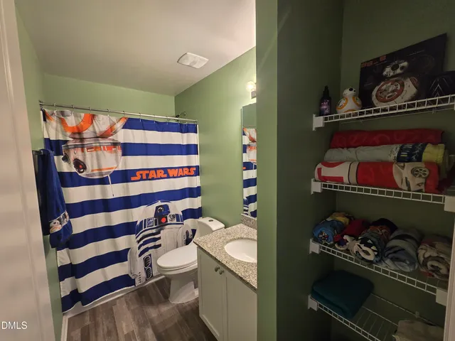 a bathroom with a sink toilet and shower curtain