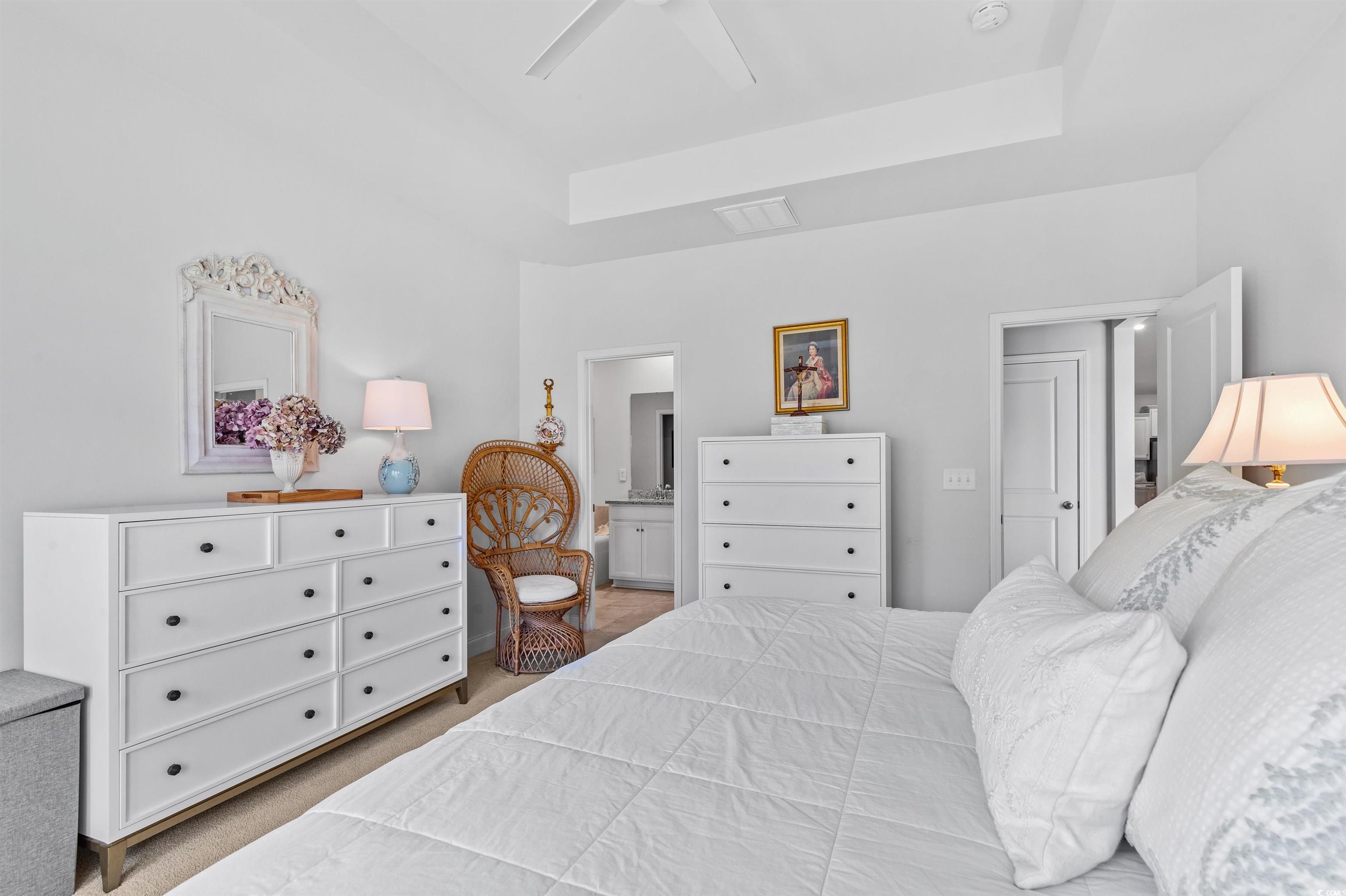 2464 Rock Dove Road Myrtle Beach, SC 29577 - Photo 18 of 34 Bedroom featuring a ceiling fan, a tray ceiling, visible vents, and ensuite bath