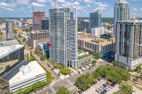 a city view with tall buildings