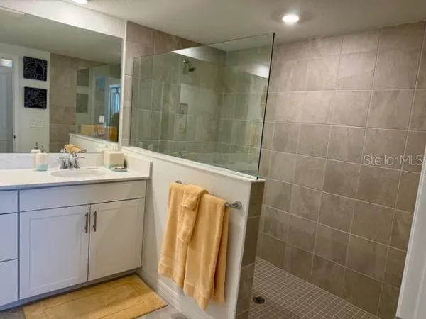 a bathroom with a sink a mirror and shower