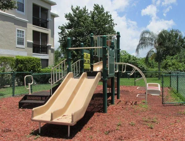 a view of a park with slide