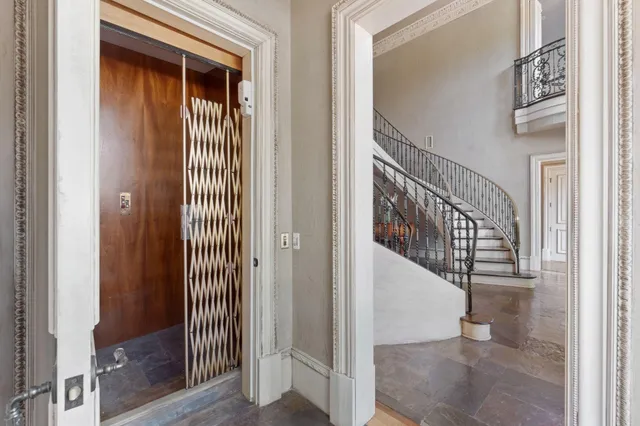 a view of a dining room with furniture