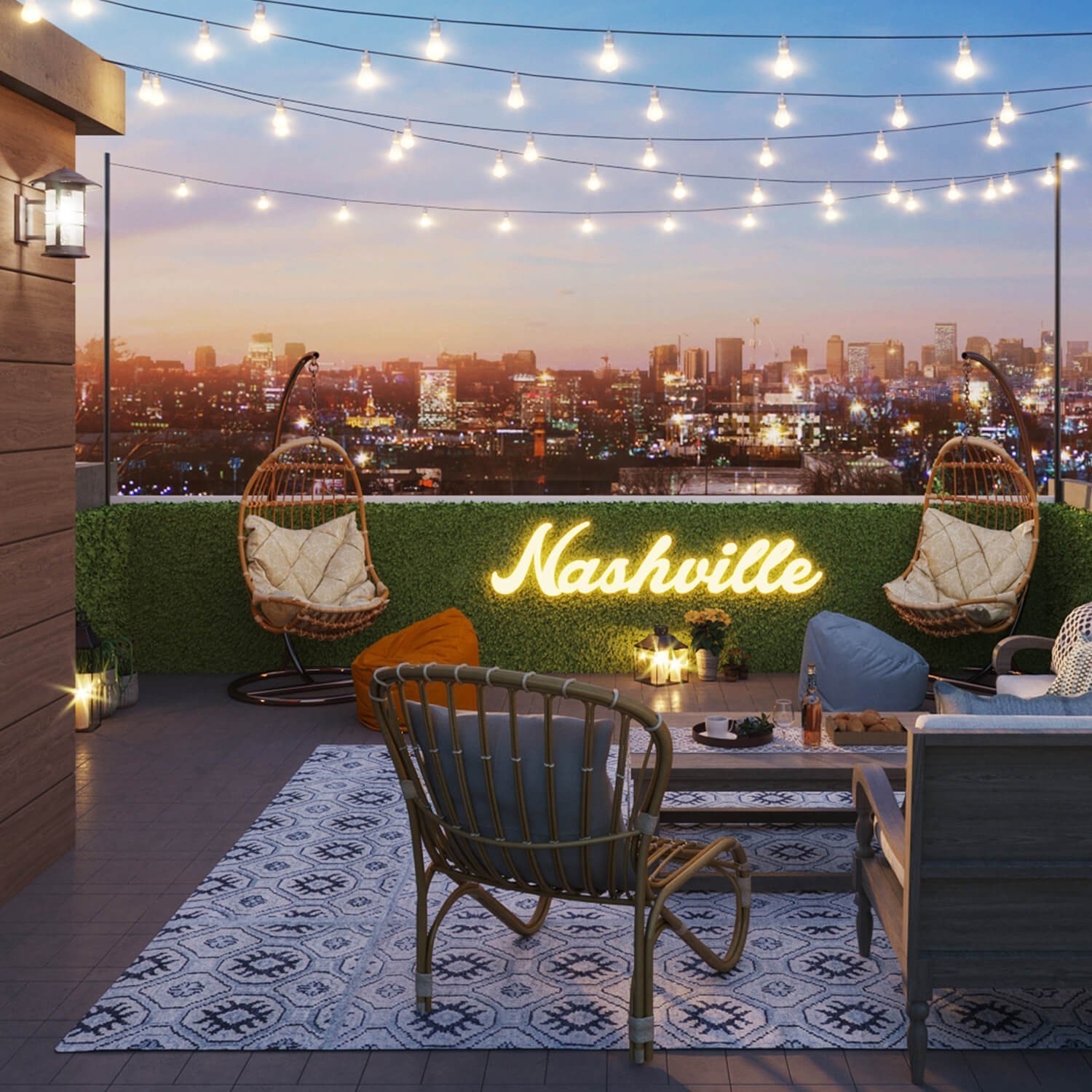 a balcony with furniture and a lake view