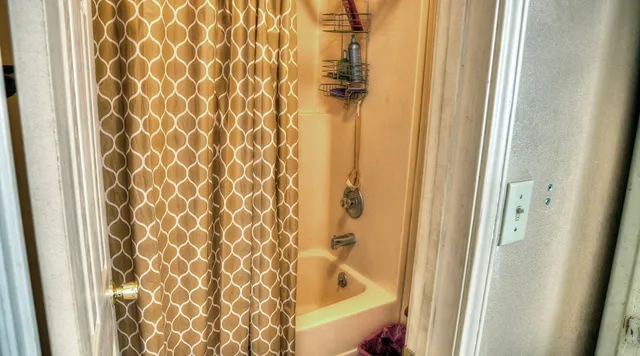 a bathroom with a shower curtain and a sink
