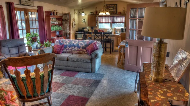 a living room with furniture a couch and a potted plant