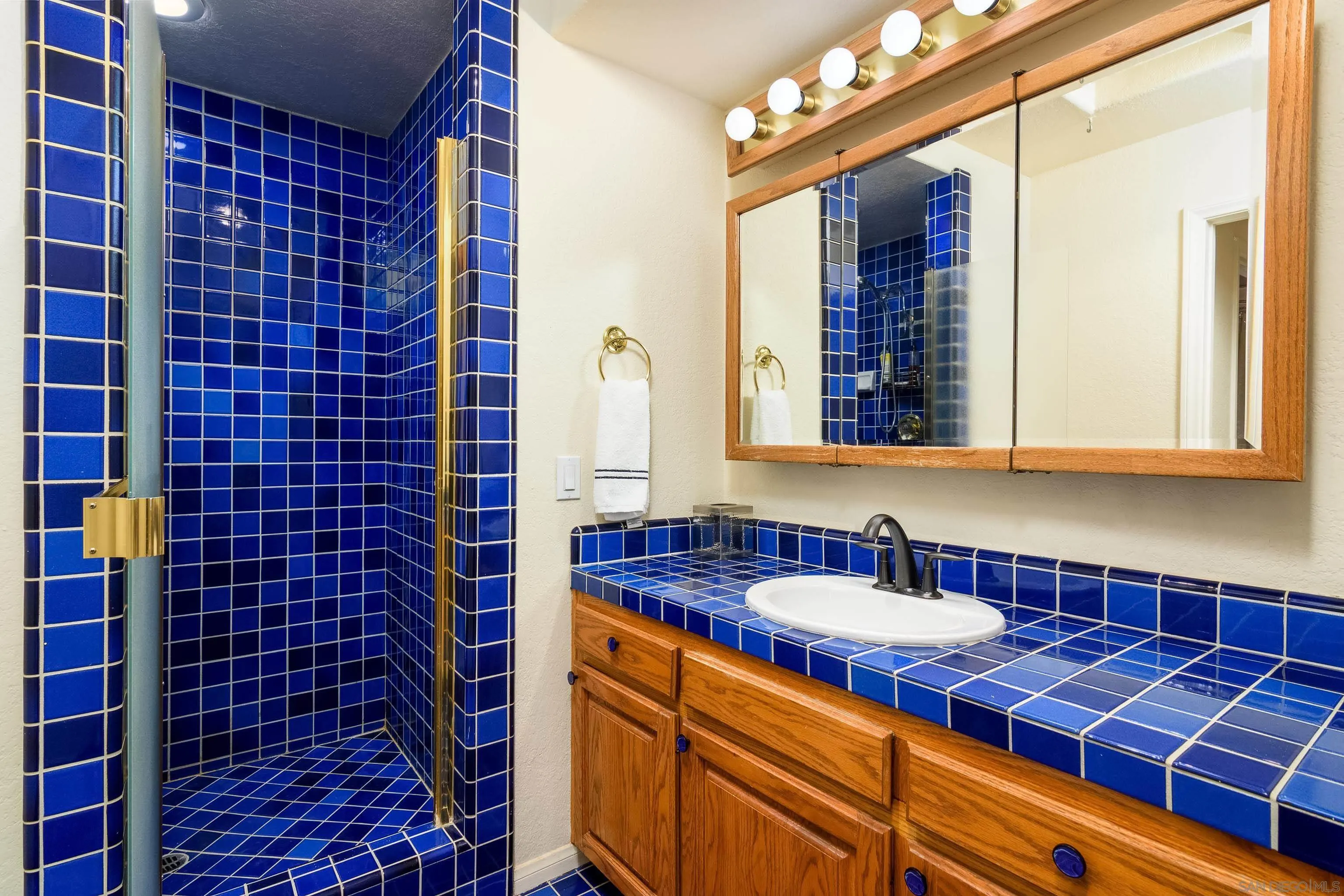 23949 Barona Mesa Road Ramona, CA 92065 - Photo 21 of 35 a bathroom with a sink a mirror and shower