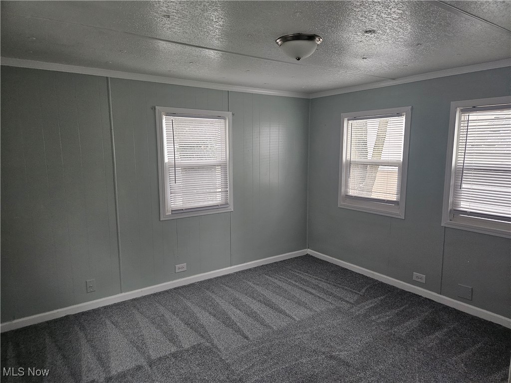 2305 East Waterloo Road Akron, OH 44312 - Photo 11 of 12 Spare room featuring dark carpet, a textured ceiling, healthy amount of natural light, and crown molding