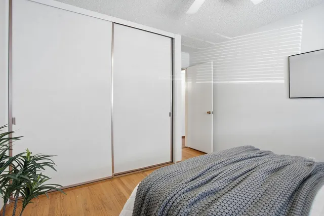 a bedroom with a bed and a potted plant