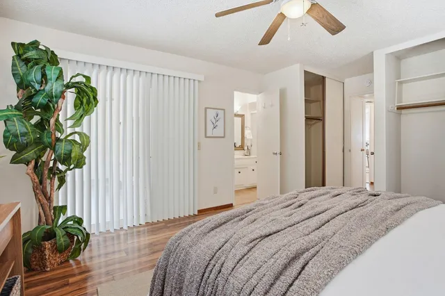 a bedroom with a bed and a potted plant