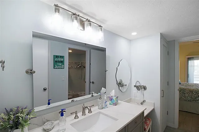 a bathroom with a sink vanity and a mirror