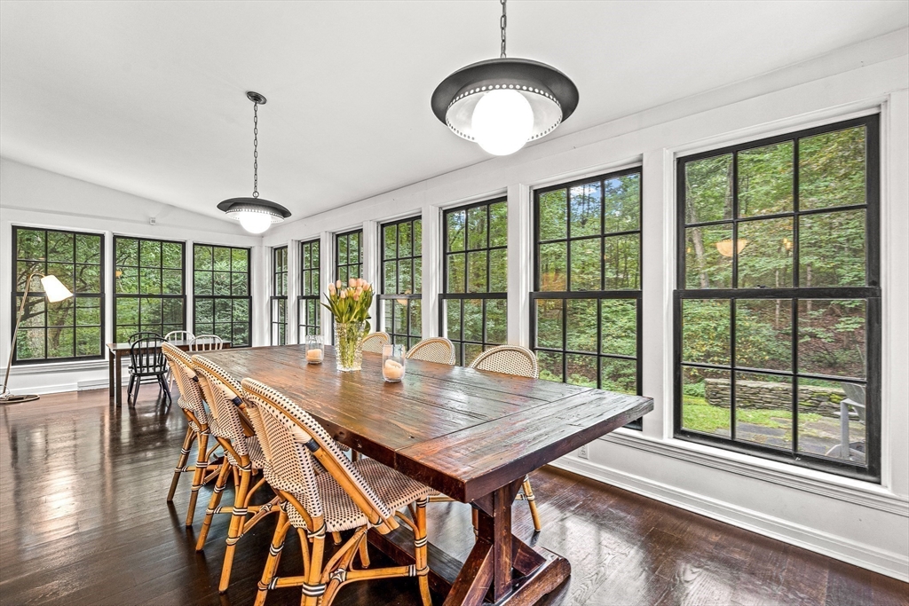 19 Pelham Road Weston, MA 02493 - Photo 5 of 17 a view of a dining room with furniture large windows and wooden floor