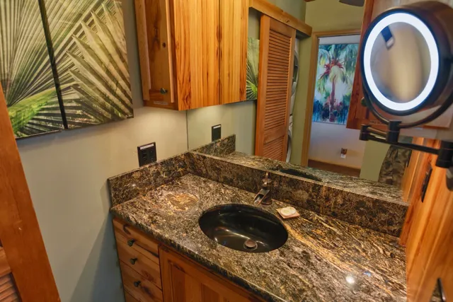 a bathroom with a granite countertop sink and a mirror