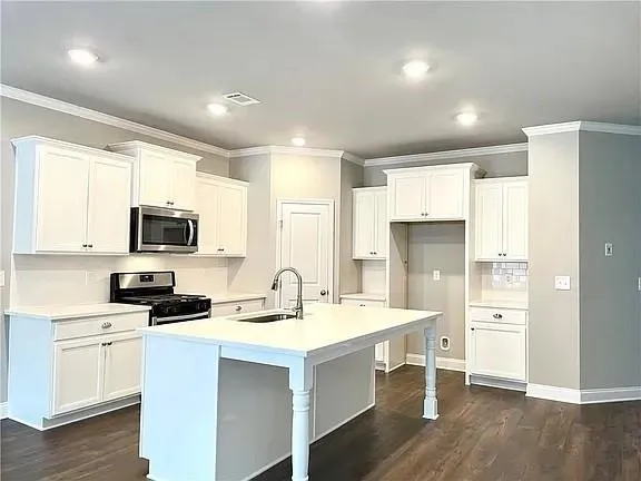 a kitchen with a sink stainless steel appliances and cabinets