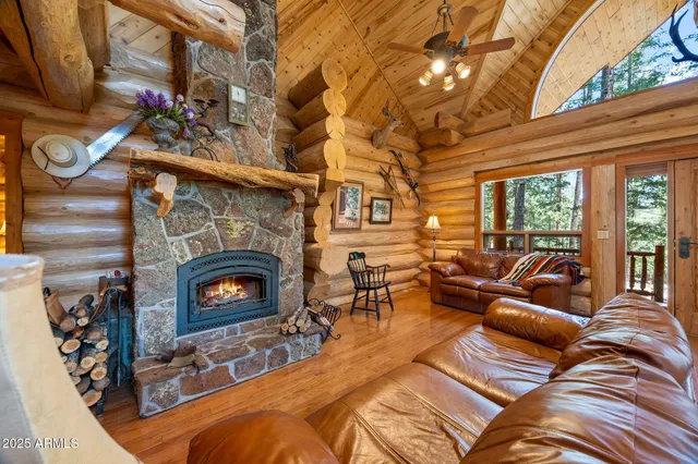 a living room with furniture a fireplace and a floor to ceiling window