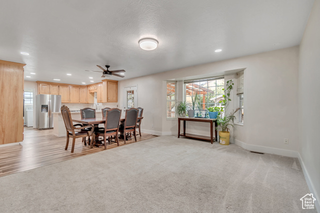 1225 North 1380th Street West Mapleton, UT 84664 - Photo 3 of 18 Dining area featuring ceiling fan, light colored carpet, and recessed lighting