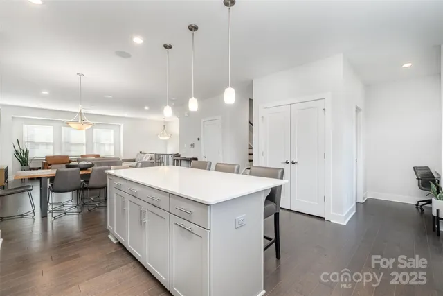 a large kitchen with a counter space a sink appliances and living room view