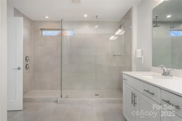 a bathroom with a shower sink vanity and mirror