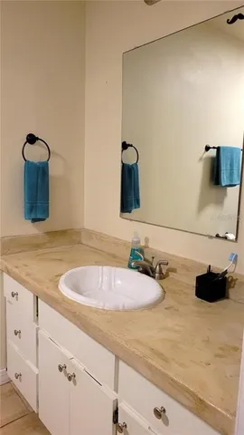 a bathroom with a sink and a mirror